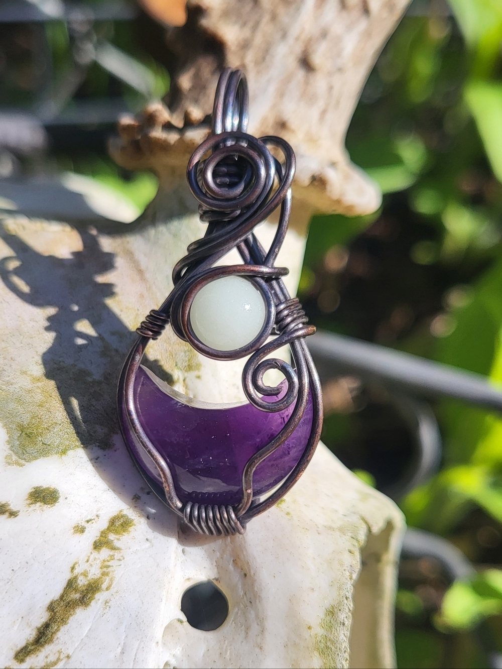 Amethyst Crescent Moon W/ Blue Glow Stone Pendant